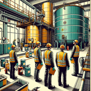 A group of inspectors at an industrial chemical storage facility.