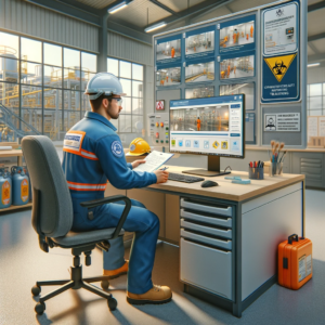 Worker in blue uniform engaged in HAZWOPER training on a desktop computer in an industrial office setting, with safety equipment on a shelf and safety posters on the walls.
